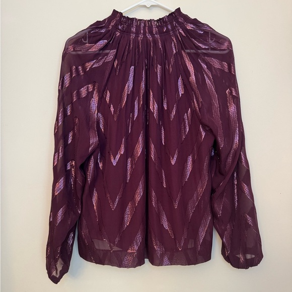 Marie Oliver Silk Ruffled Stand Collar Blouse Size Medium Purple Metallic Top - Picture 5 of 6